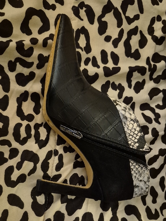 Vince Camuto Black Suede Pointed Toe Booties with Snake-Print Accent